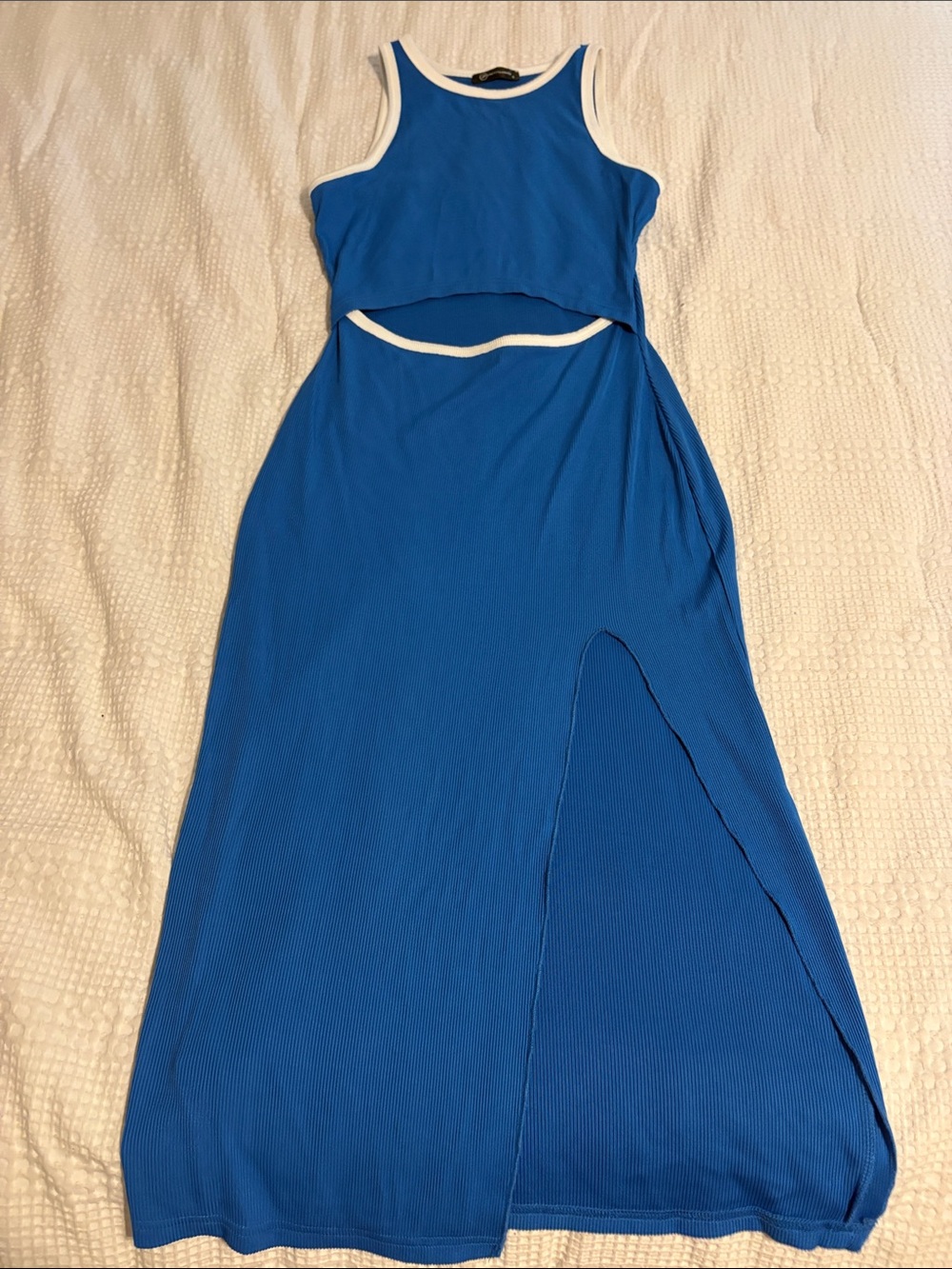 Blue Sleeveless GameDay Maxi Dress with White Trim and Side Slit